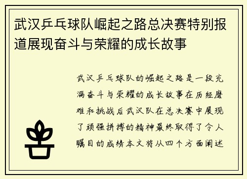 武汉乒乓球队崛起之路总决赛特别报道展现奋斗与荣耀的成长故事